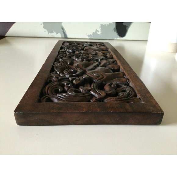 Vintage Ornate Hand Carved Wooden Elephant Floral Wall Panel Made in Thailand - Picture 8 of 16